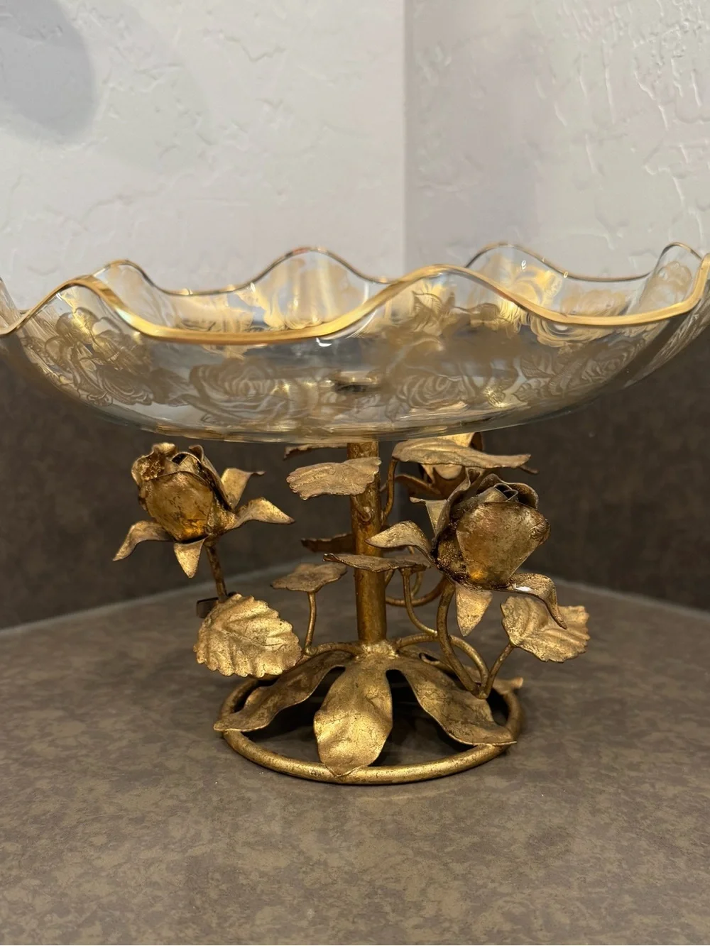 Vintage Mid Century Italian Tole Rose Centerpiece Gold Glass Bowl